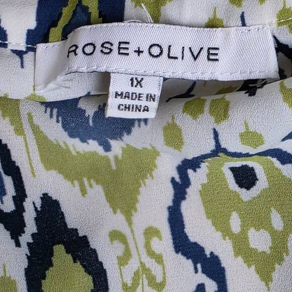 Rose + Olive Green Blue Ikat Print Blouse 1X - Picture 6 of 8